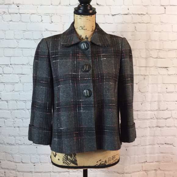 Tahari Jackets & Blazers - Tahari Gray Pink Plaid Short Jacket Wool Blend